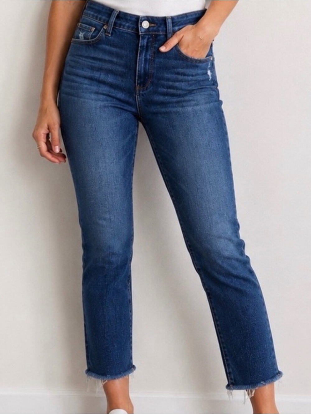 PAIGE Mid-Rise Cropped Straight Jeans in Dark Blue Wash
